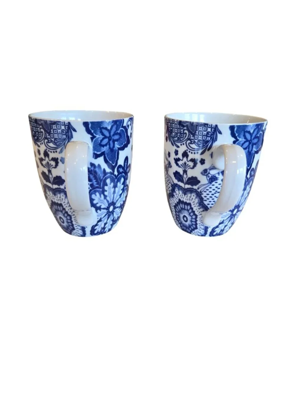 Pier 1 Blue White Floral Rabbit Bird Motif Porcelain Mugs Set of 2 *READ